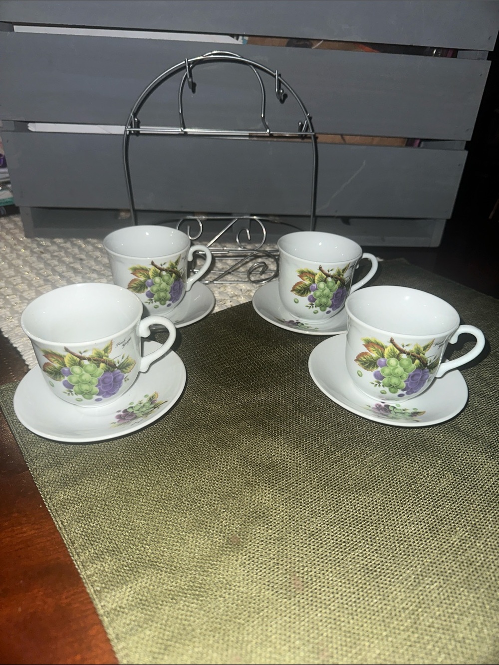Porcelain Teacup and Saucer Set with Grape Floral Design - White
